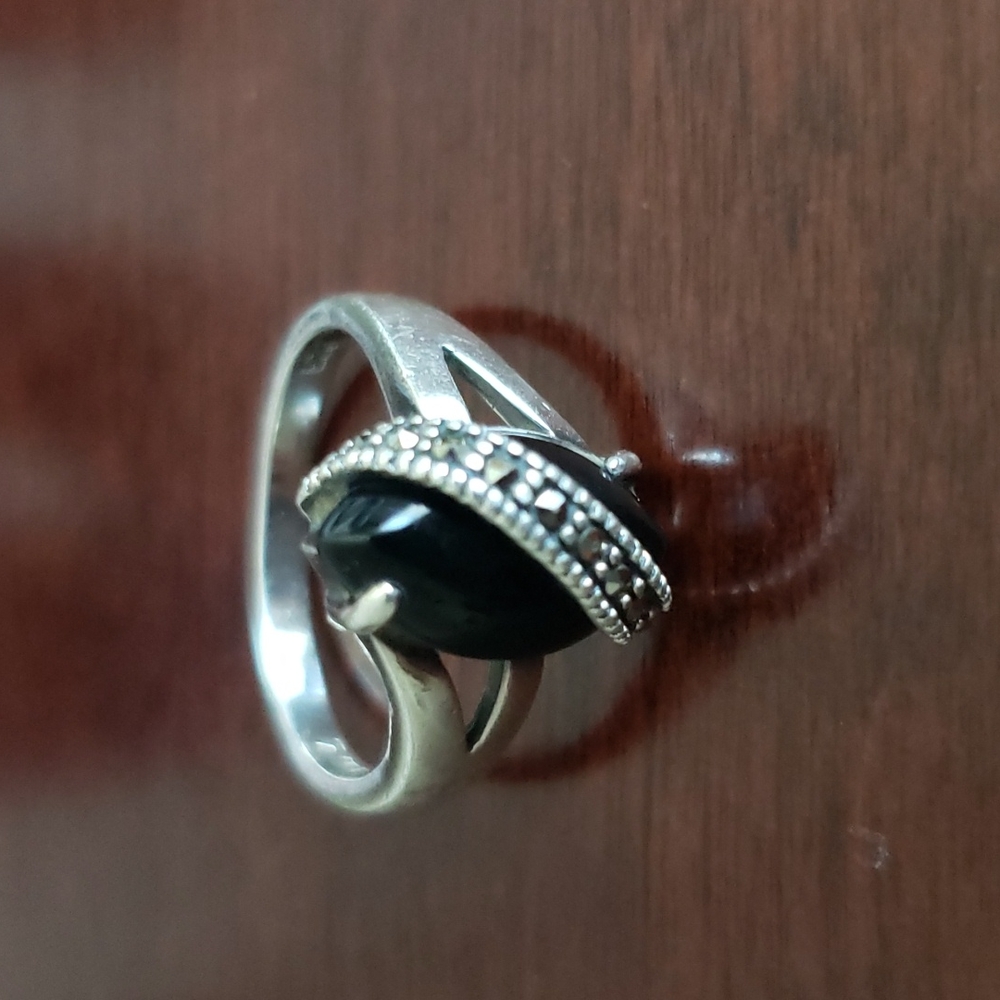 Sterling Silver Onyx and Marcasite Ring